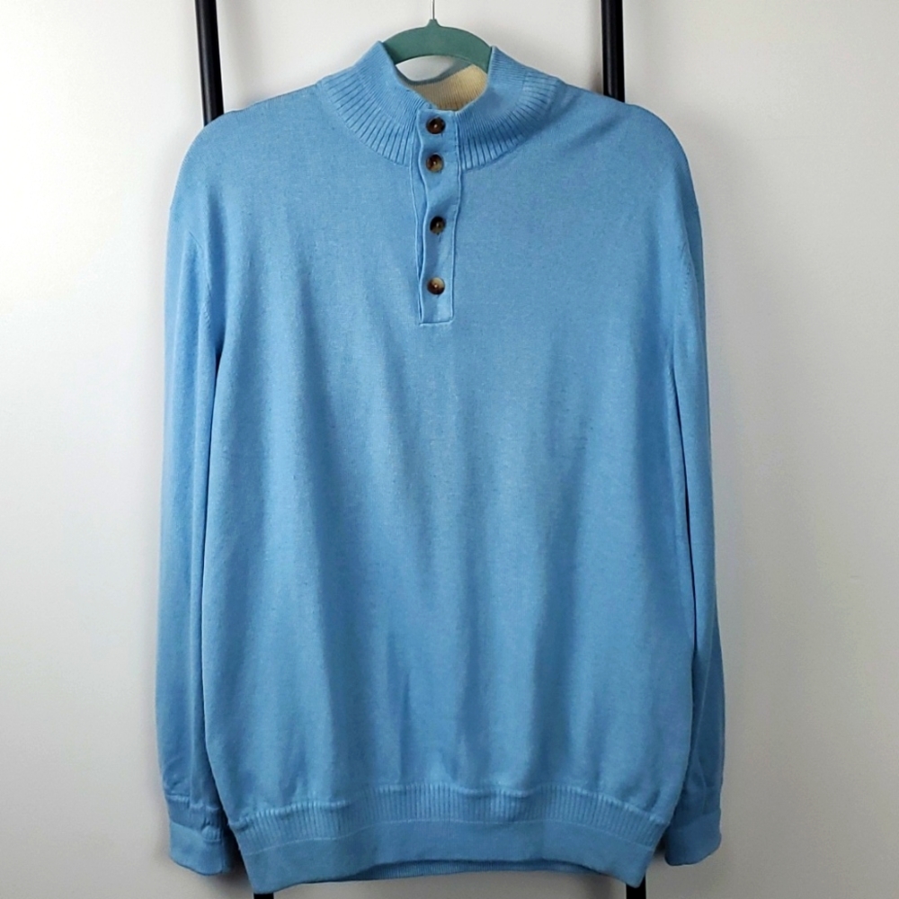 Loro Piana Men’s Blue Cashmere Silk Sweater Size 54 Half Button Luxury Knit